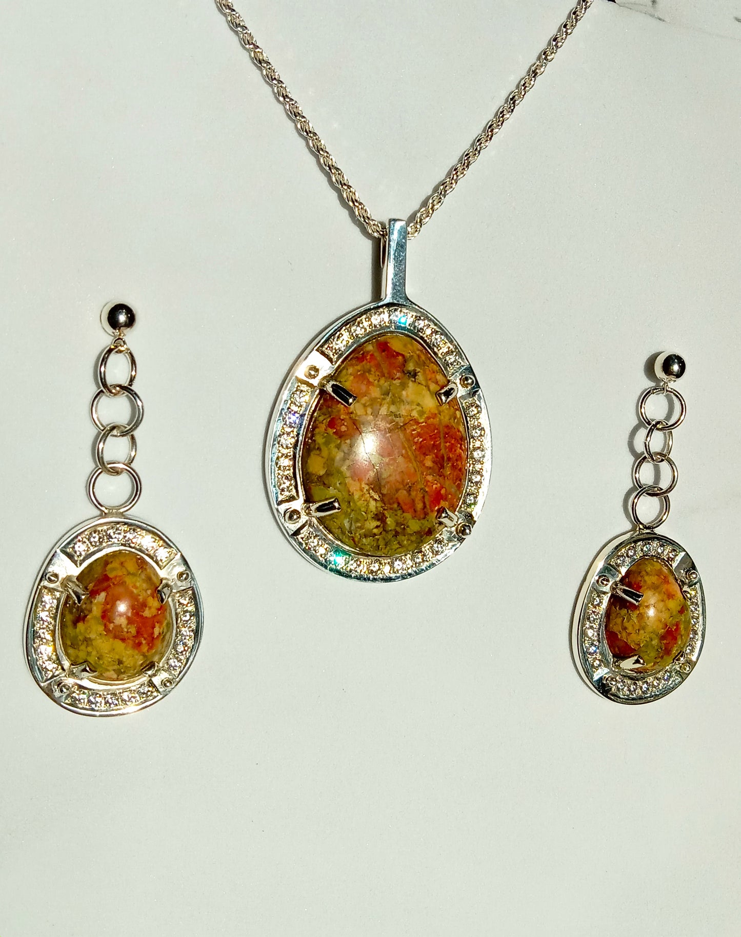 Unakite and Cubic Zireconia Sterling Silver Pendent and Earing Set