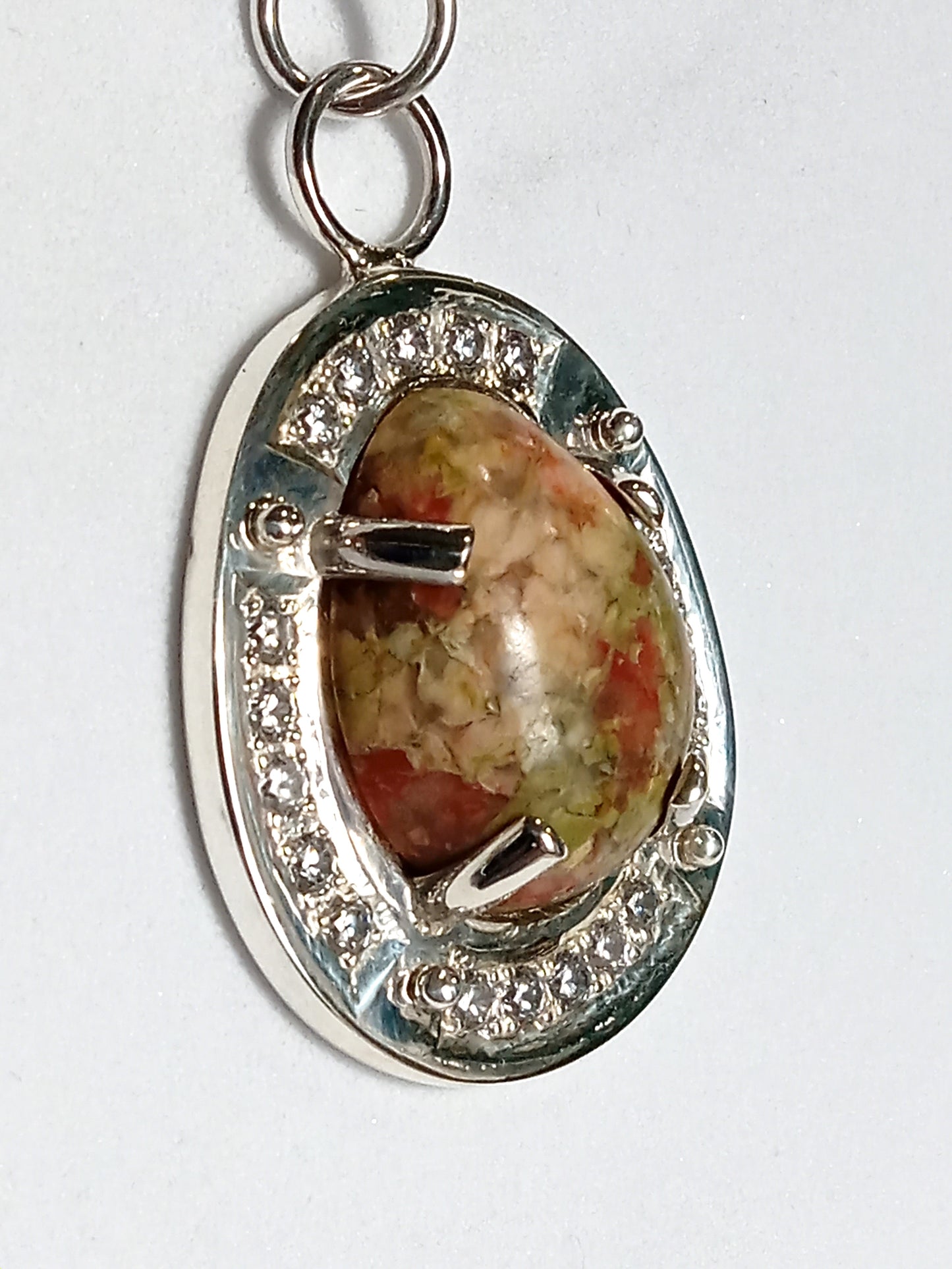 Unakite and Cubic Zireconia Sterling Silver Pendent and Earing Set