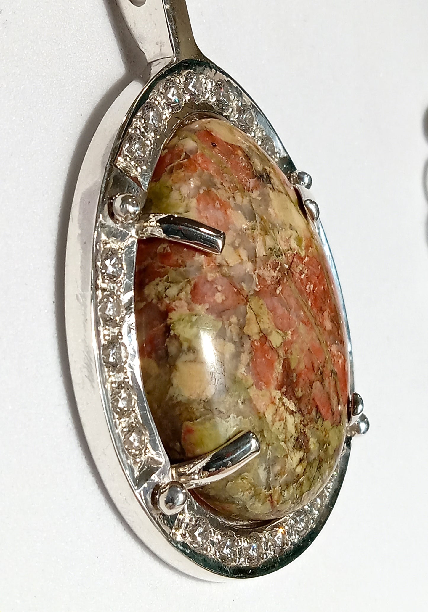 Unakite and Cubic Zireconia Sterling Silver Pendent and Earing Set