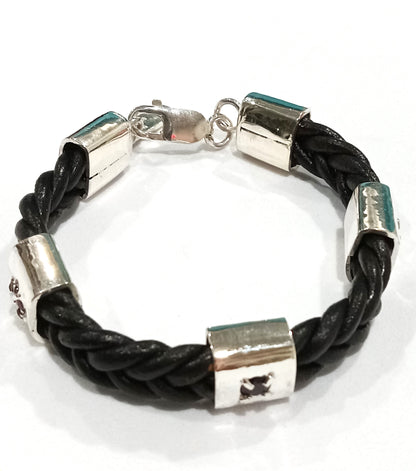 Ladies Black Leather and Garnet Bracelet