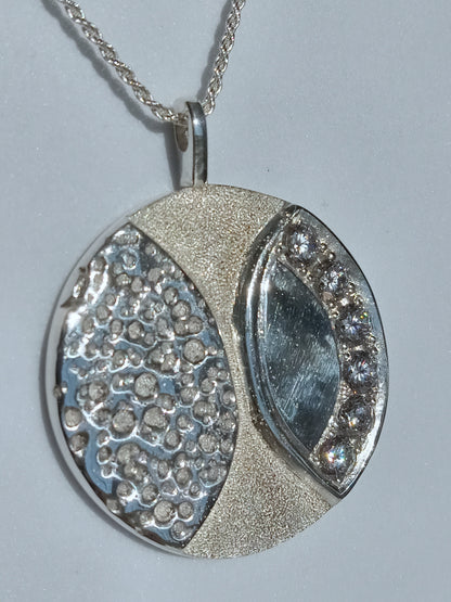 Sterling Silver Sand Casted Medallion and Cubic Zirconia Necklace