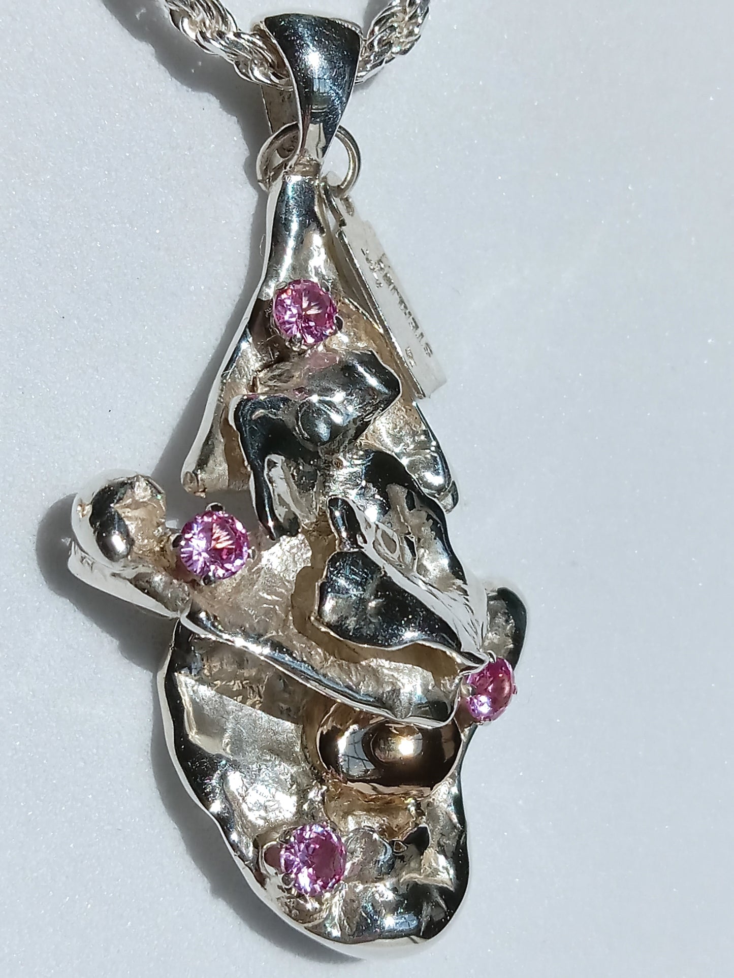 Sterling Silver and 14K Gold Nugget with Pink Cubic Zirconia Necklace