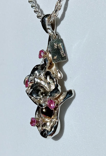 Sterling Silver and 14K Gold Nugget with Pink Cubic Zirconia Necklace