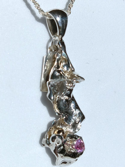 Sterling Silver and 14K Gold Nugget with Pink Cubic Zirconia Necklace