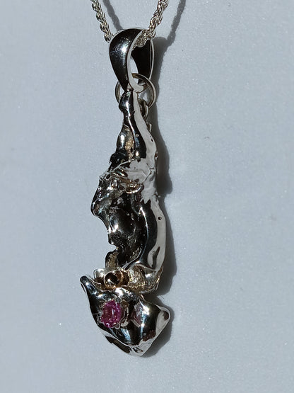 Sterling Silver and 14K Gold Nugget with Pink Cubic Zirconia Necklace