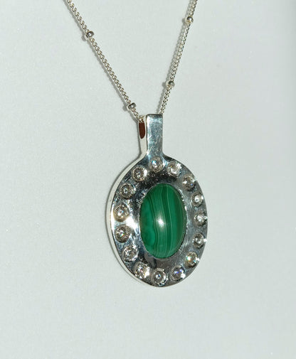 Sterling Silver Sand Casted Malachite and Cubic Zirconia Necklace