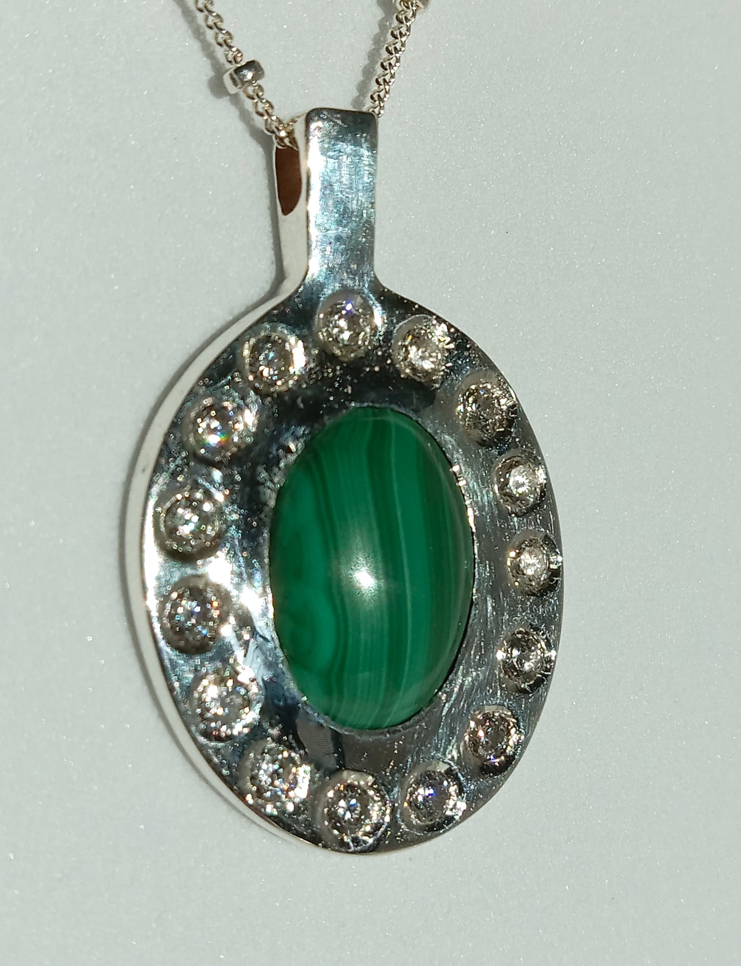 Sterling Silver Sand Casted Malachite and Cubic Zirconia Necklace