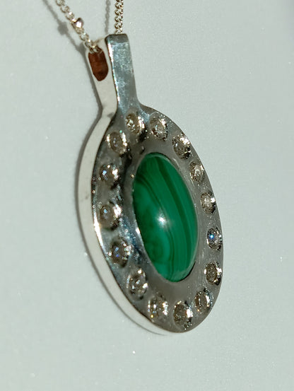 Sterling Silver Sand Casted Malachite and Cubic Zirconia Necklace