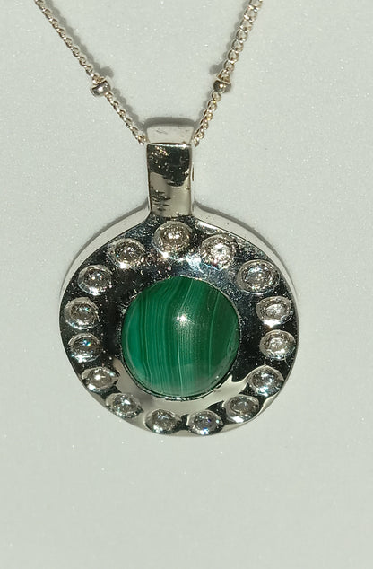 Sterling Silver Sand Casted Malachite and Cubic Zirconia Necklace