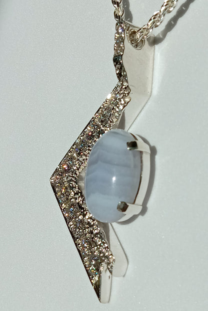 Sterling Silver Cubic Zirconia and Blue Agate Necklace