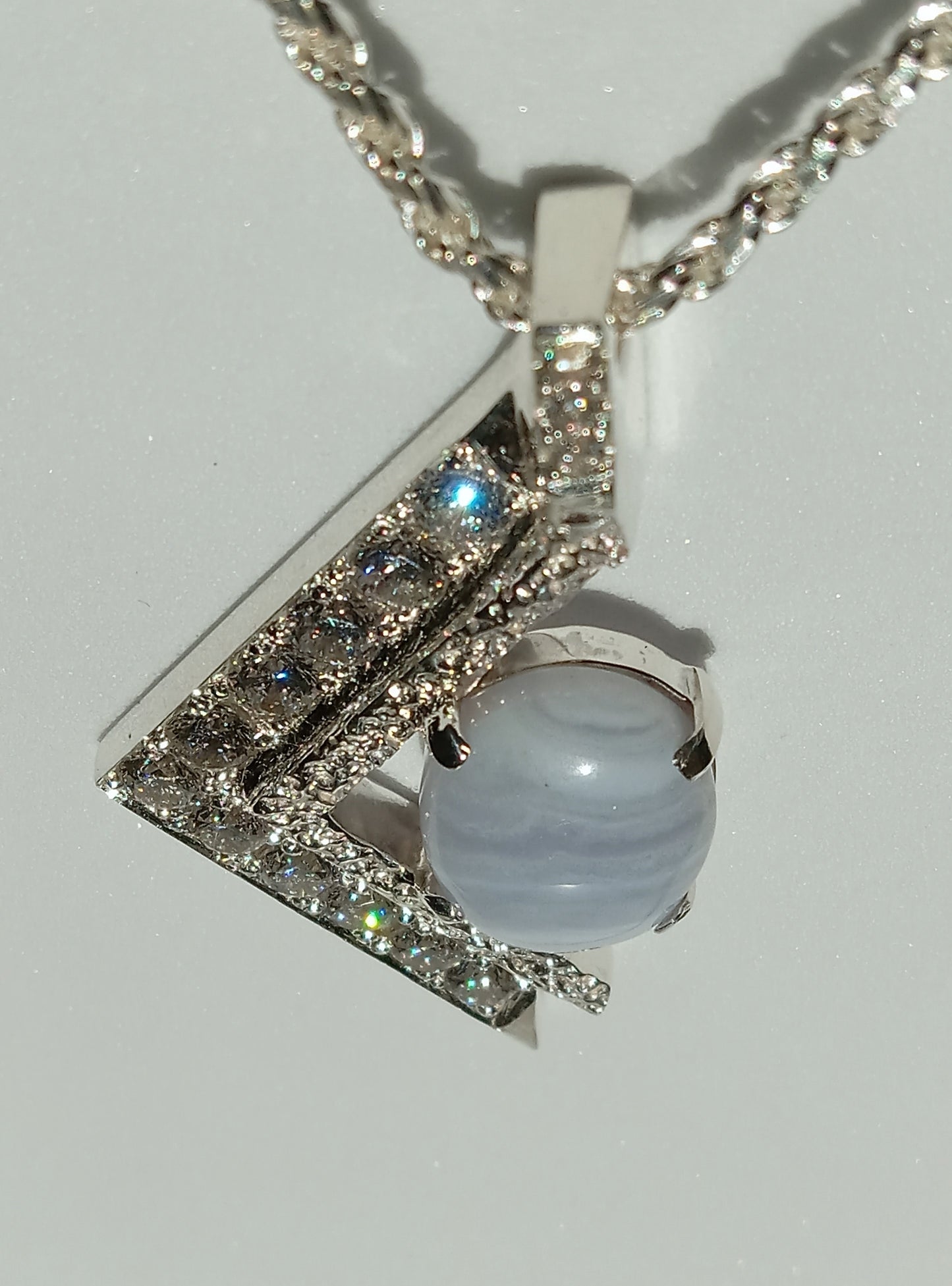 Sterling Silver Cubic Zirconia and Blue Agate Necklace