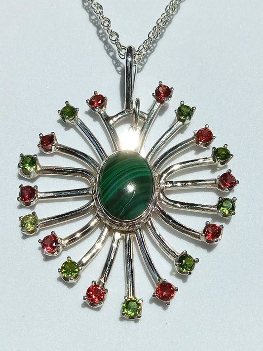 Sterling Silver Malachite and Garnet Necklace