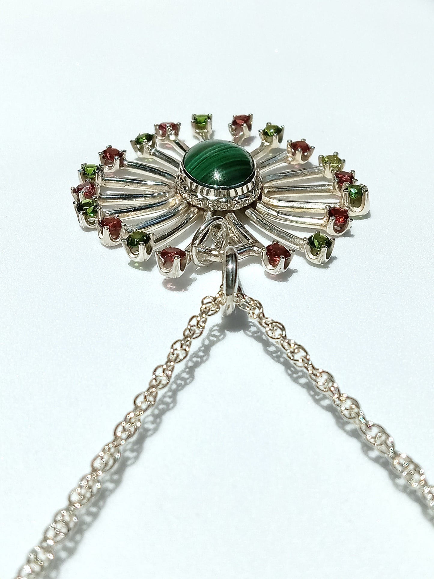 Sterling Silver Malachite and Garnet Necklace