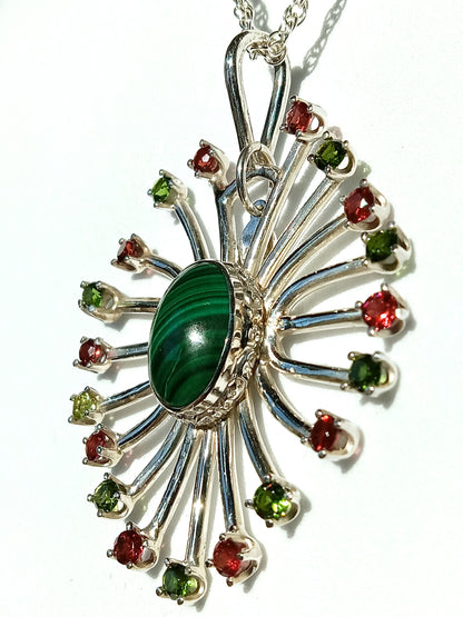 Sterling Silver Malachite and Garnet Necklace