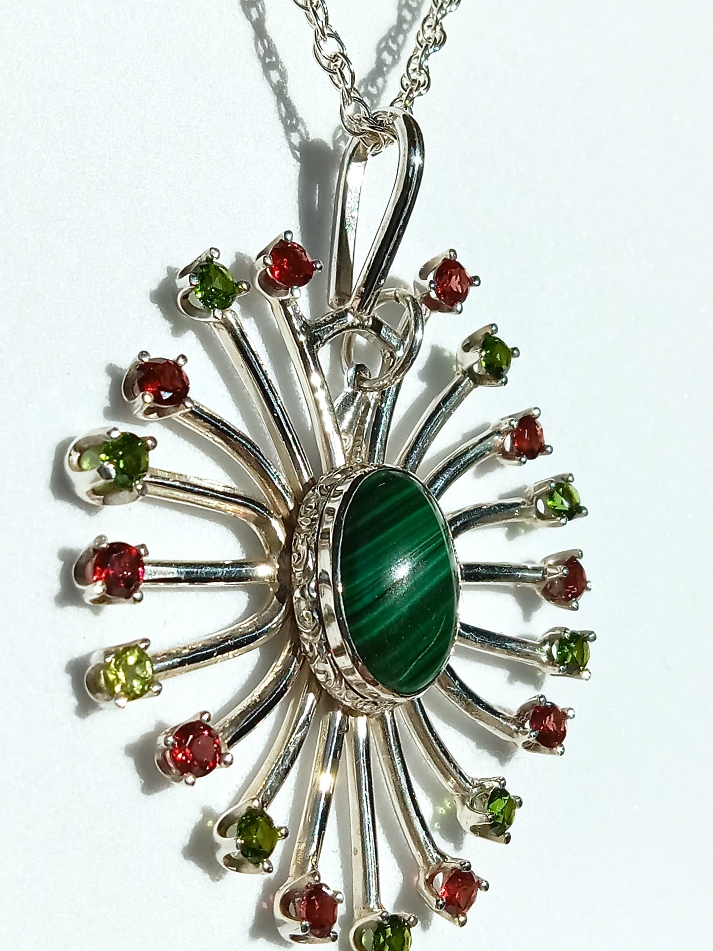 Sterling Silver Malachite and Garnet Necklace