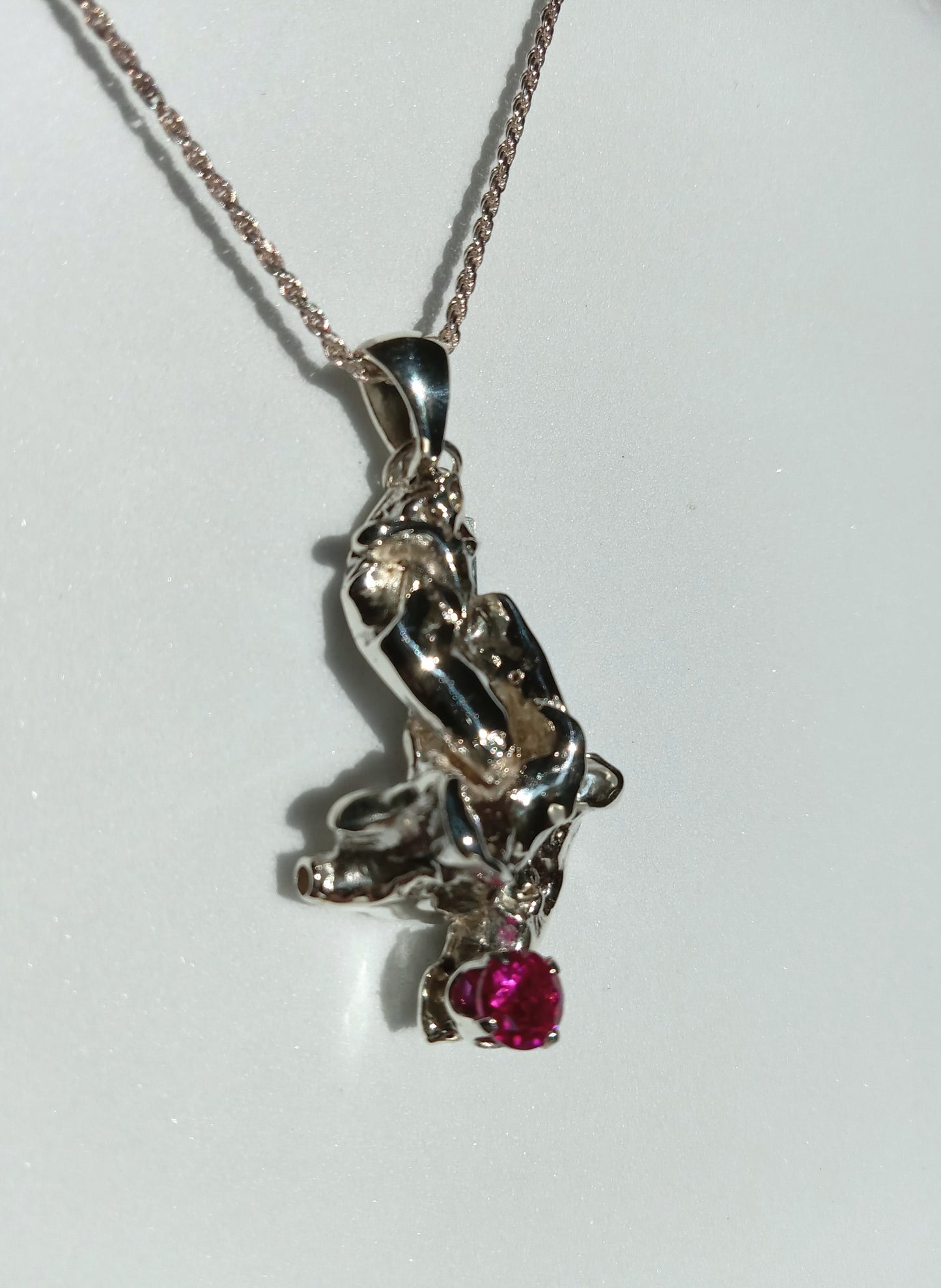 Sterling Silver Nugget and Red Cubic Zirconia Necklace