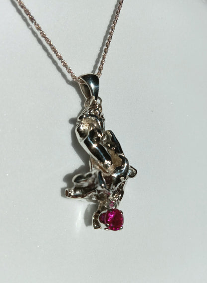 Sterling Silver Nugget and Red Cubic Zirconia Necklace