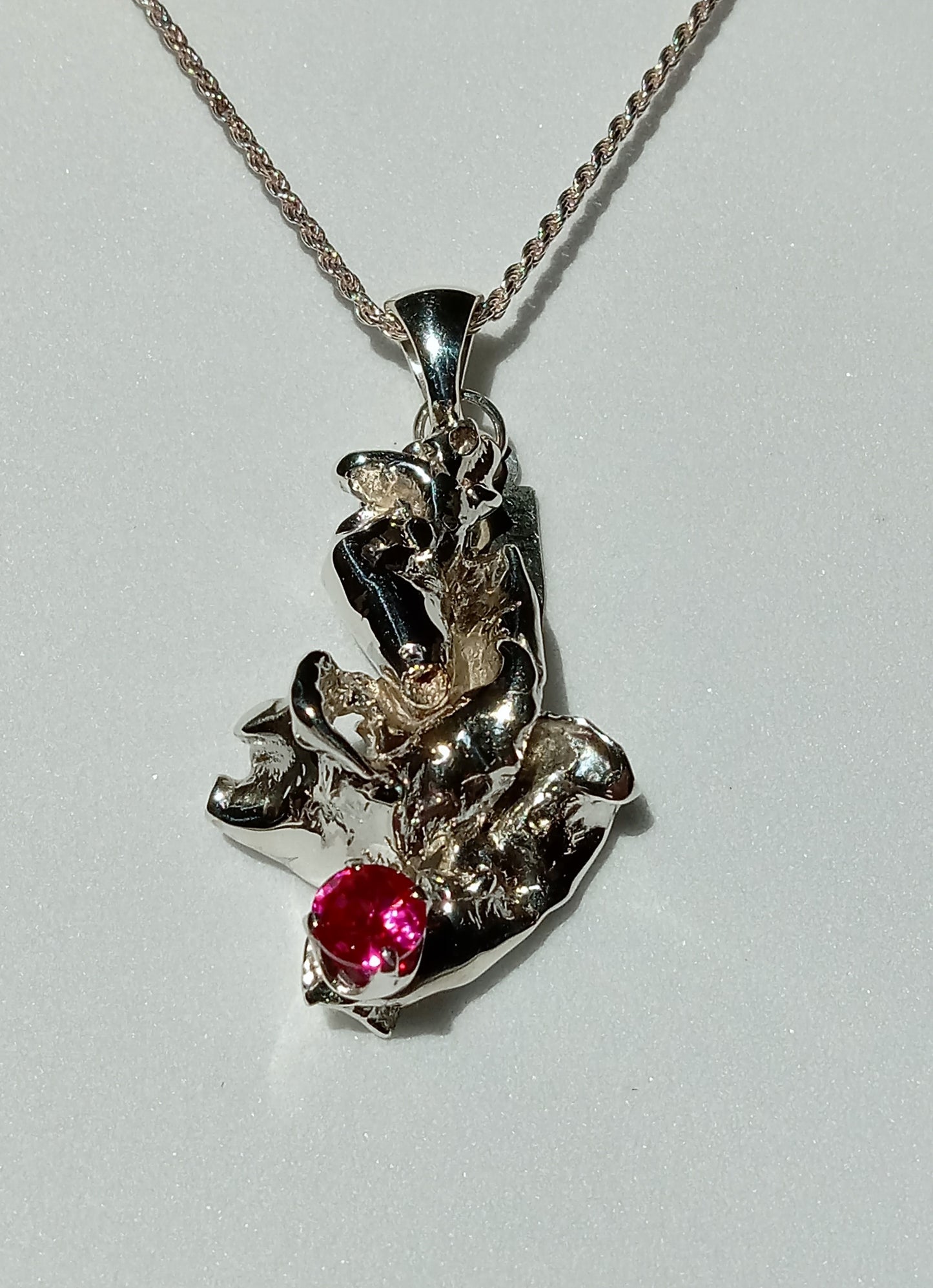 Sterling Silver Nugget and Red Cubic Zirconia Necklace