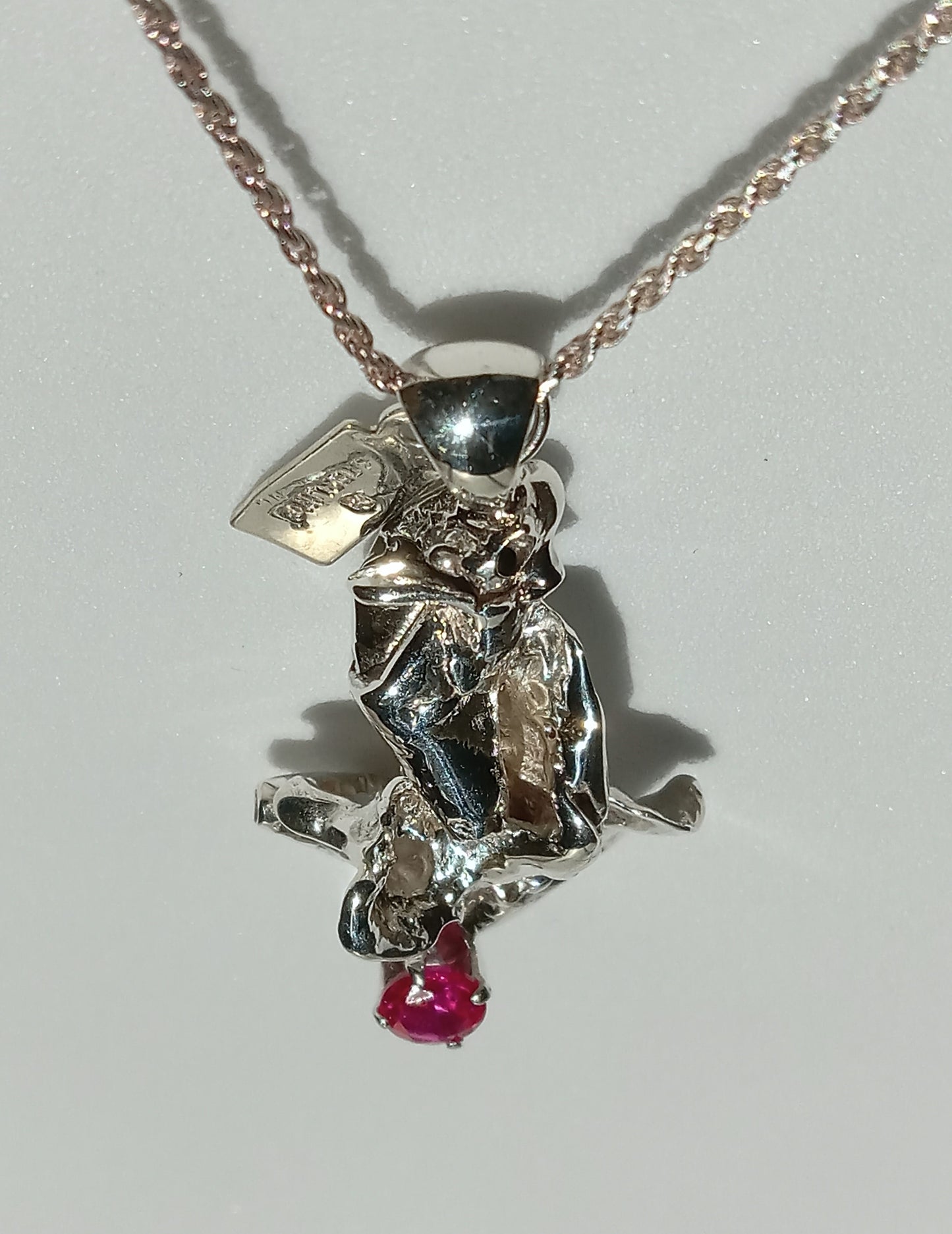 Sterling Silver Nugget and Red Cubic Zirconia Necklace