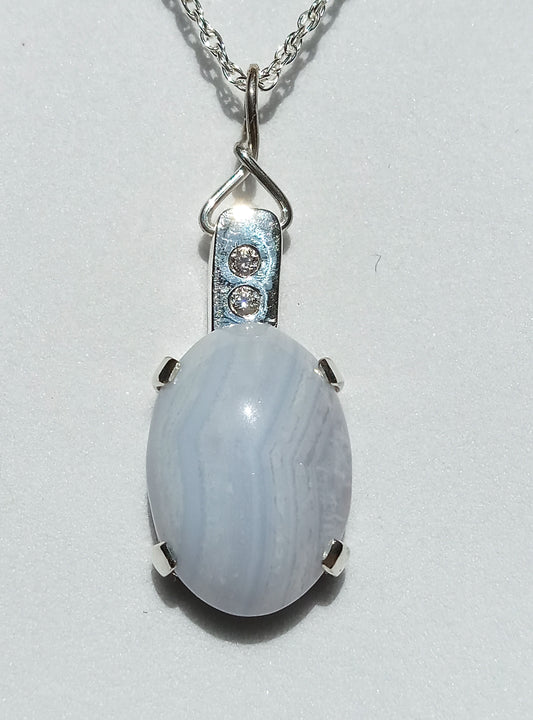 Sterling Silver Blue Lace Agate and Cubic Zirconia Necklace