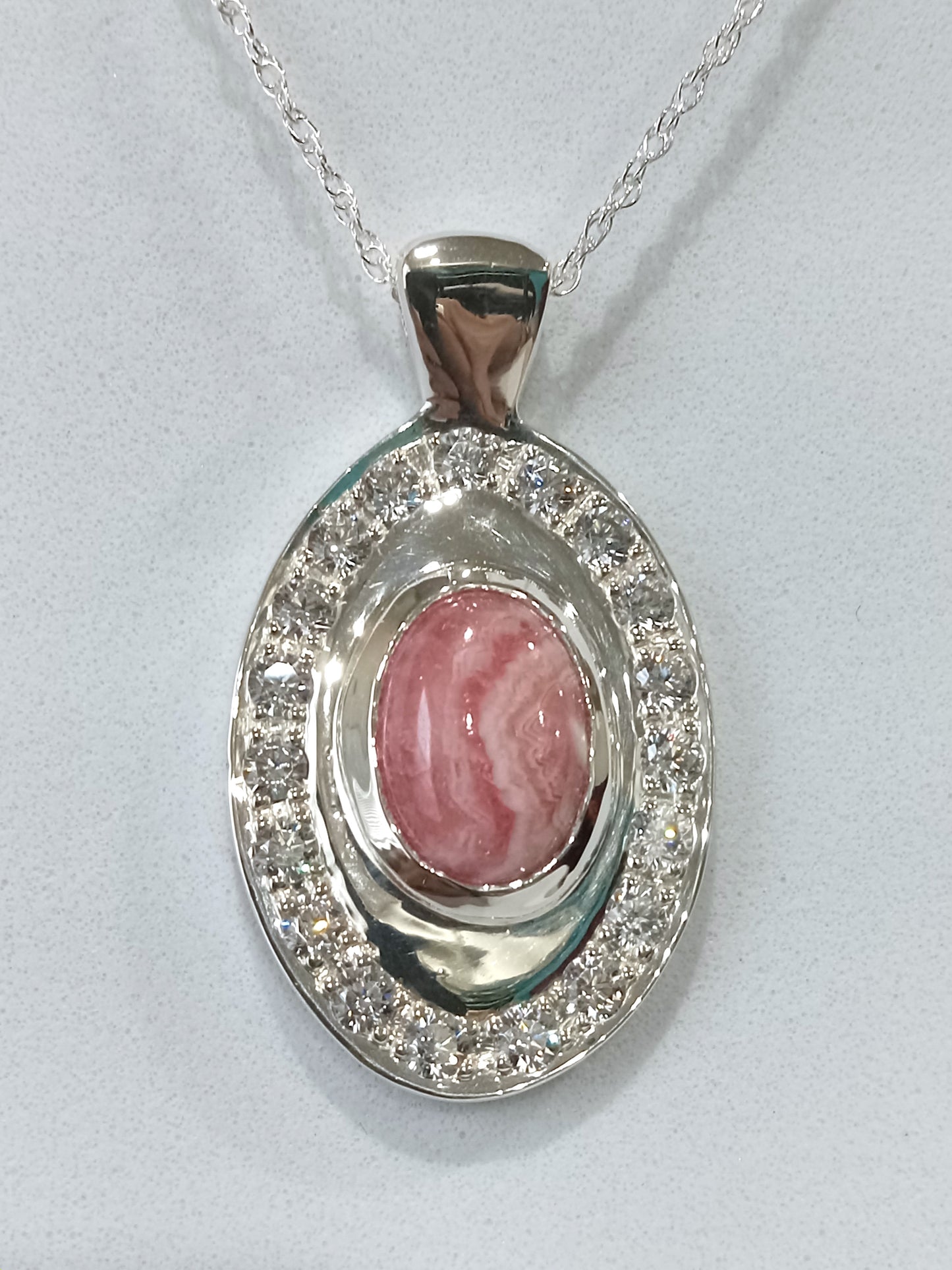 Sterling Silver Rocdochrosite and Cubic Zirconia Pendent