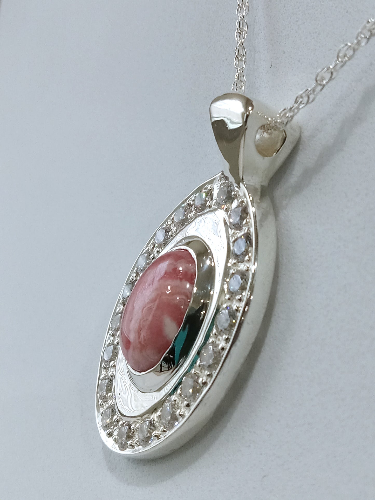 Sterling Silver Rocdochrosite and Cubic Zirconia Pendent