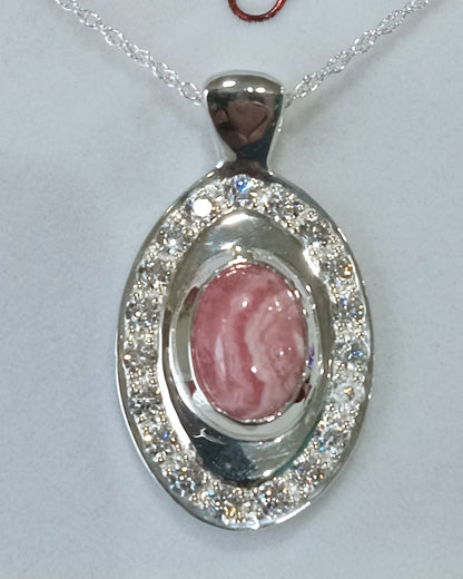 Sterling Silver Rocdochrosite and Cubic Zirconia Pendent