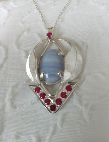 Sterling Silver Blue Lace Agate with Lab Grown Ruby Pendant