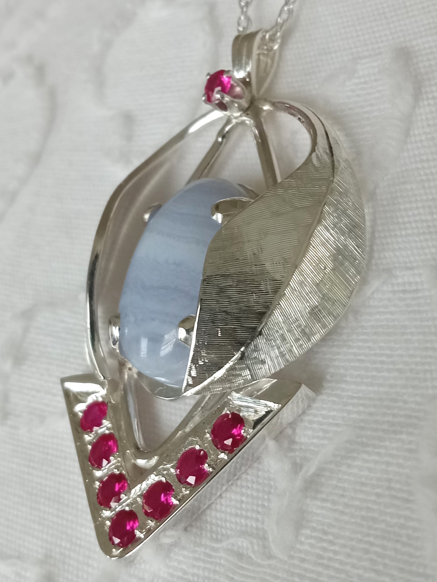 Sterling Silver Blue Lace Agate with Lab Grown Ruby Pendant