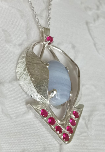 Sterling Silver Blue Lace Agate with Lab Grown Ruby Pendant